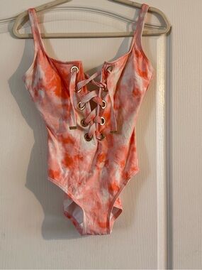 MICHAEL Michael Kors Coral and White Lace-Up One-Piece Swimsuit